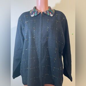 Marisa Christina Christmas sweater women size 2X‎ cardigan beaded collar black